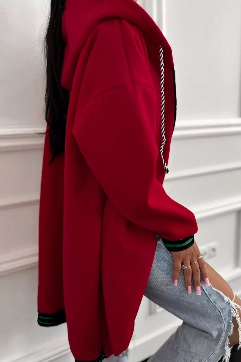 Contrast Cuffed Drop Shoulder Zip Up Hoodie - PBNJ FASHIONS