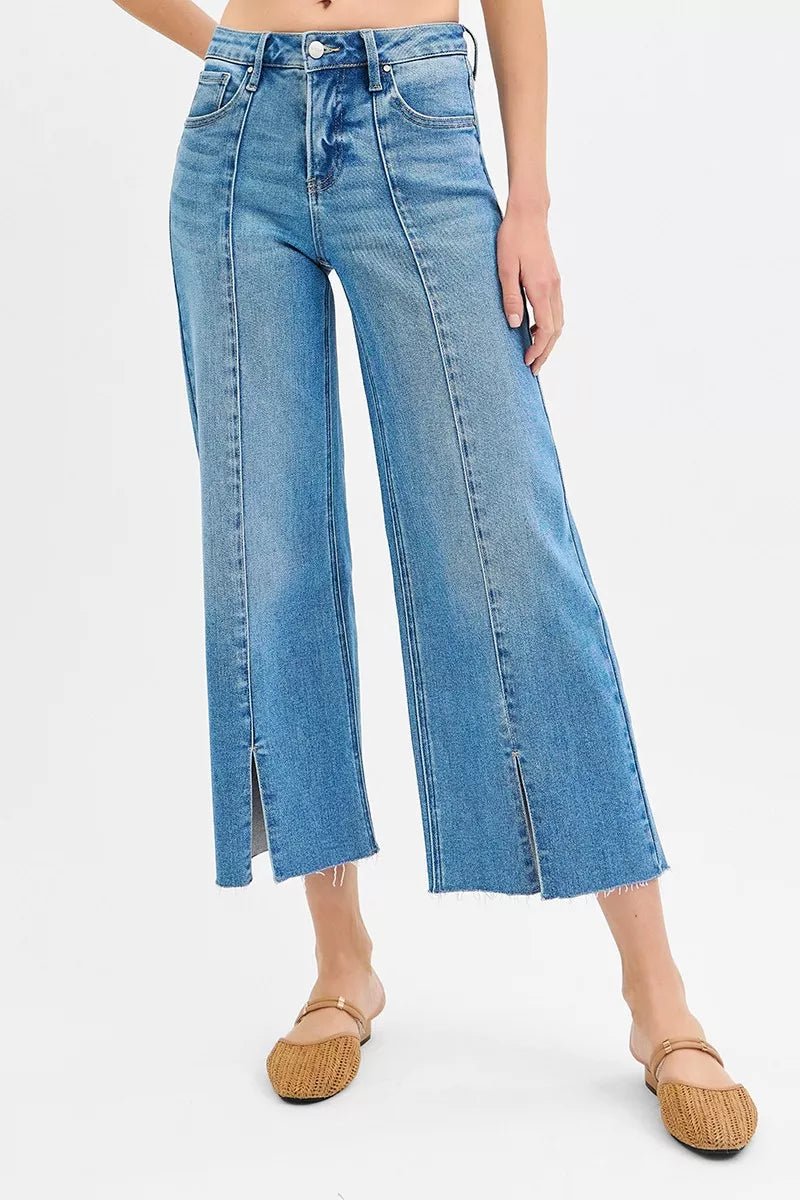 RISEN Tummy Control Mid Rise Crop Wide Front Slit Jeans - PBNJ FASHIONS