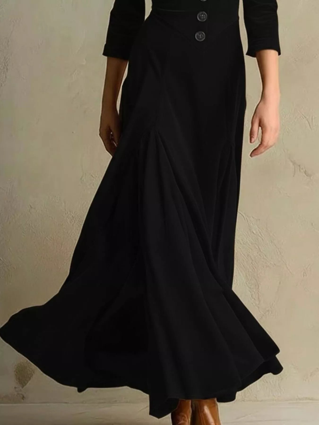 Velvet Button Front 3/4 Sleeve Maxi Dress - PBNJ FASHIONS