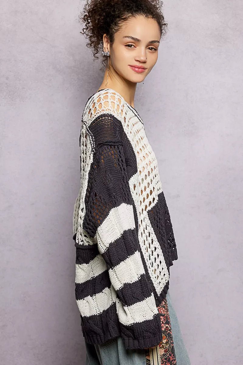 POL Color - Blocked Stripe Pattern Knit Top with Twisted Weave - PBNJ FASHIONS