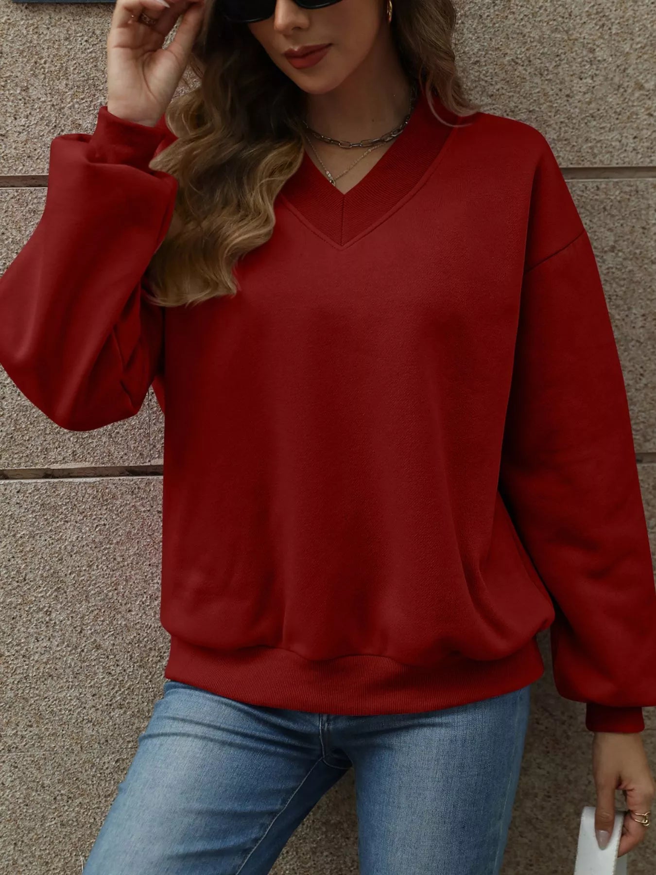 V - Neck Solid Color Casual Sweatshirt - PBNJ FASHIONS