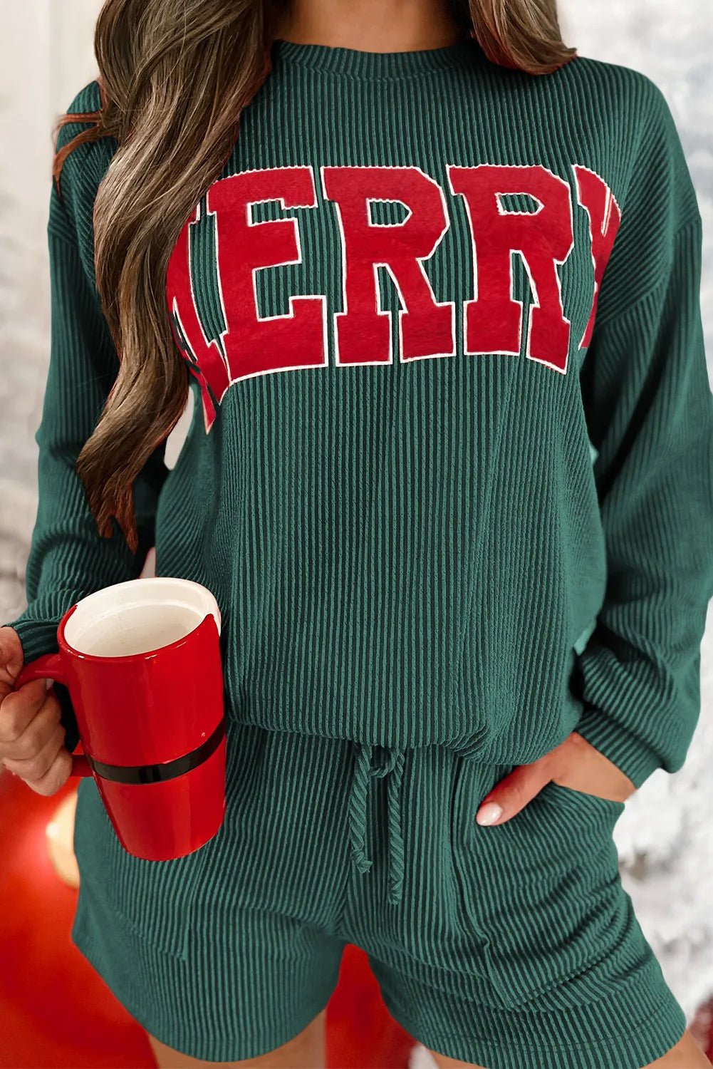 MERRY Round Neck Long Sleeve Top and Shorts Lounge Set - PBNJ FASHIONS