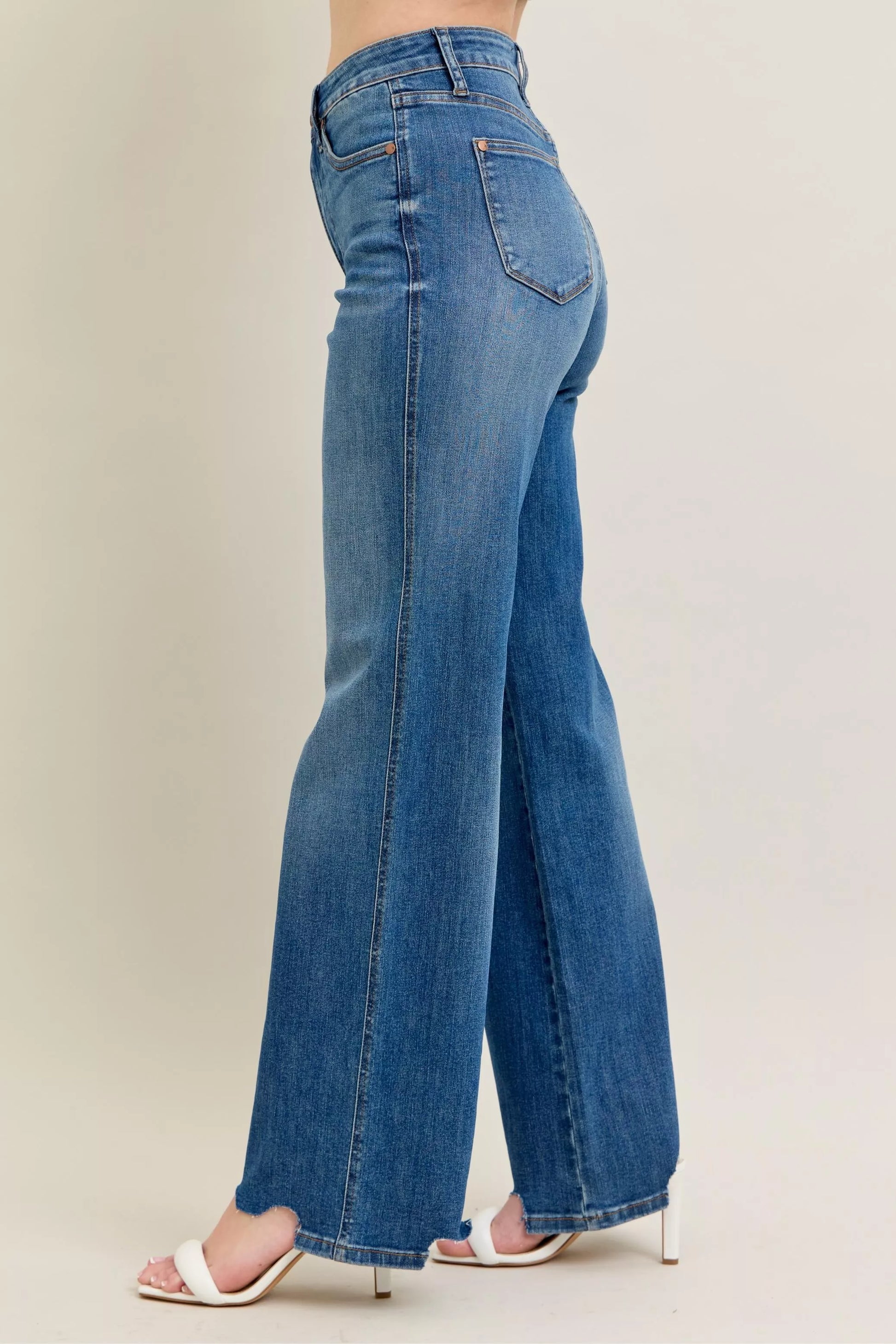 Judy Blue Full Size High Waist Tummy Control Chew Hem Destroy Wide Jeans Plus Size - PBNJ FASHIONS