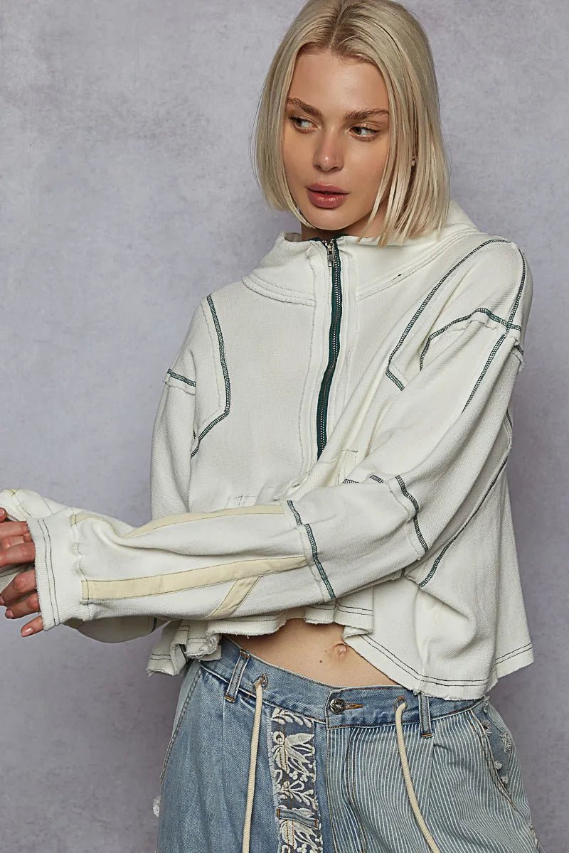 POL Contrast Stitching Zip Front Sweatshirt - PBNJ FASHIONS