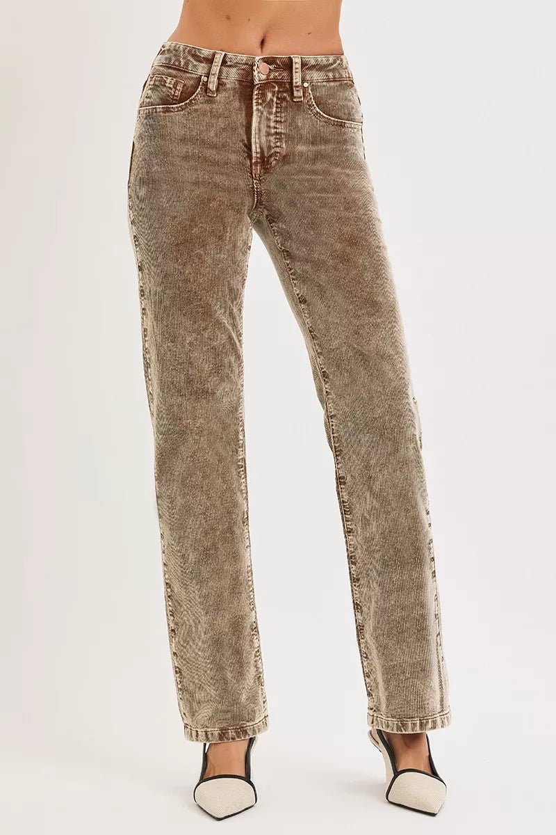 RISEN Tummy Control Mid Rise Straight Leg Corduroy Pants - PBNJ FASHIONS