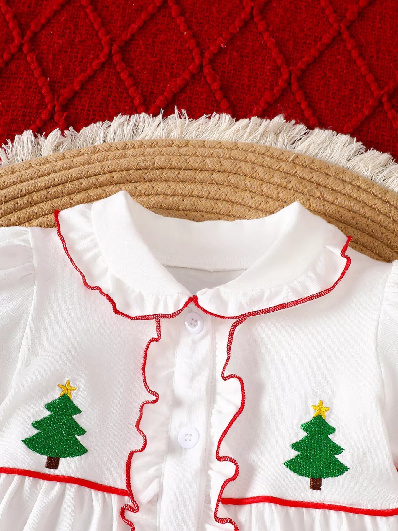 Children's Christmas Tree Embroidered Ruffle Trim Dress - PBNJ FASHIONS