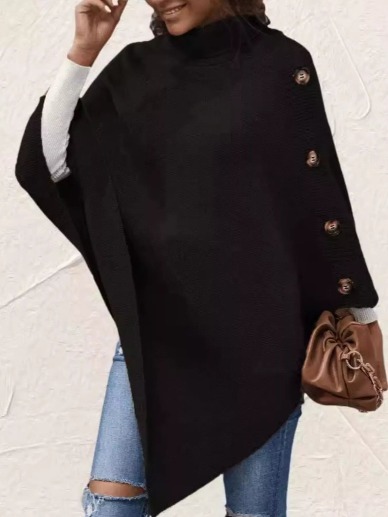 Button - Decor Turtleneck Poncho Pullover - PBNJ FASHIONS