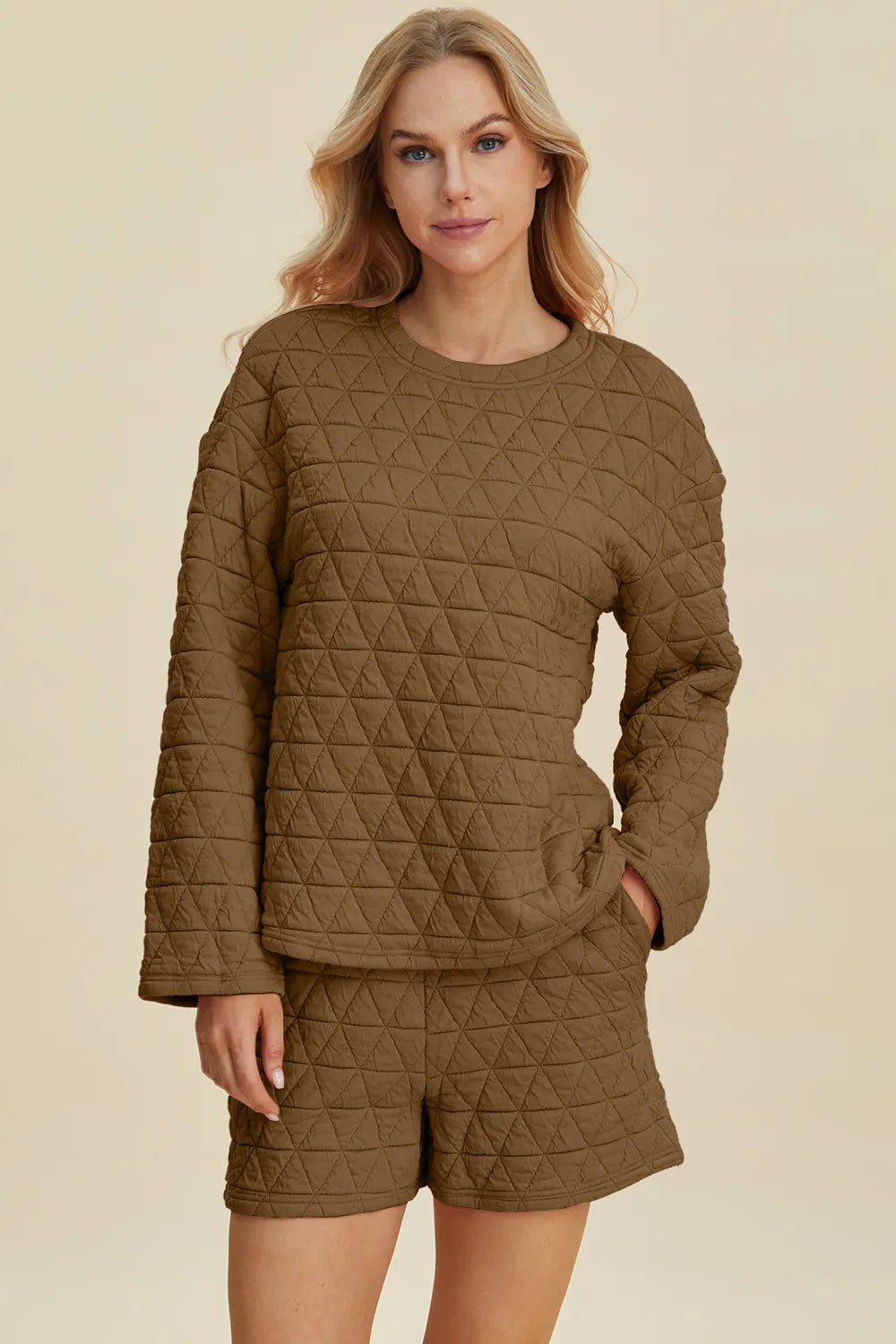 Double Take Full Size Texture Round Neck Long Sleeve Top and Shorts Set - PBNJ FASHIONS