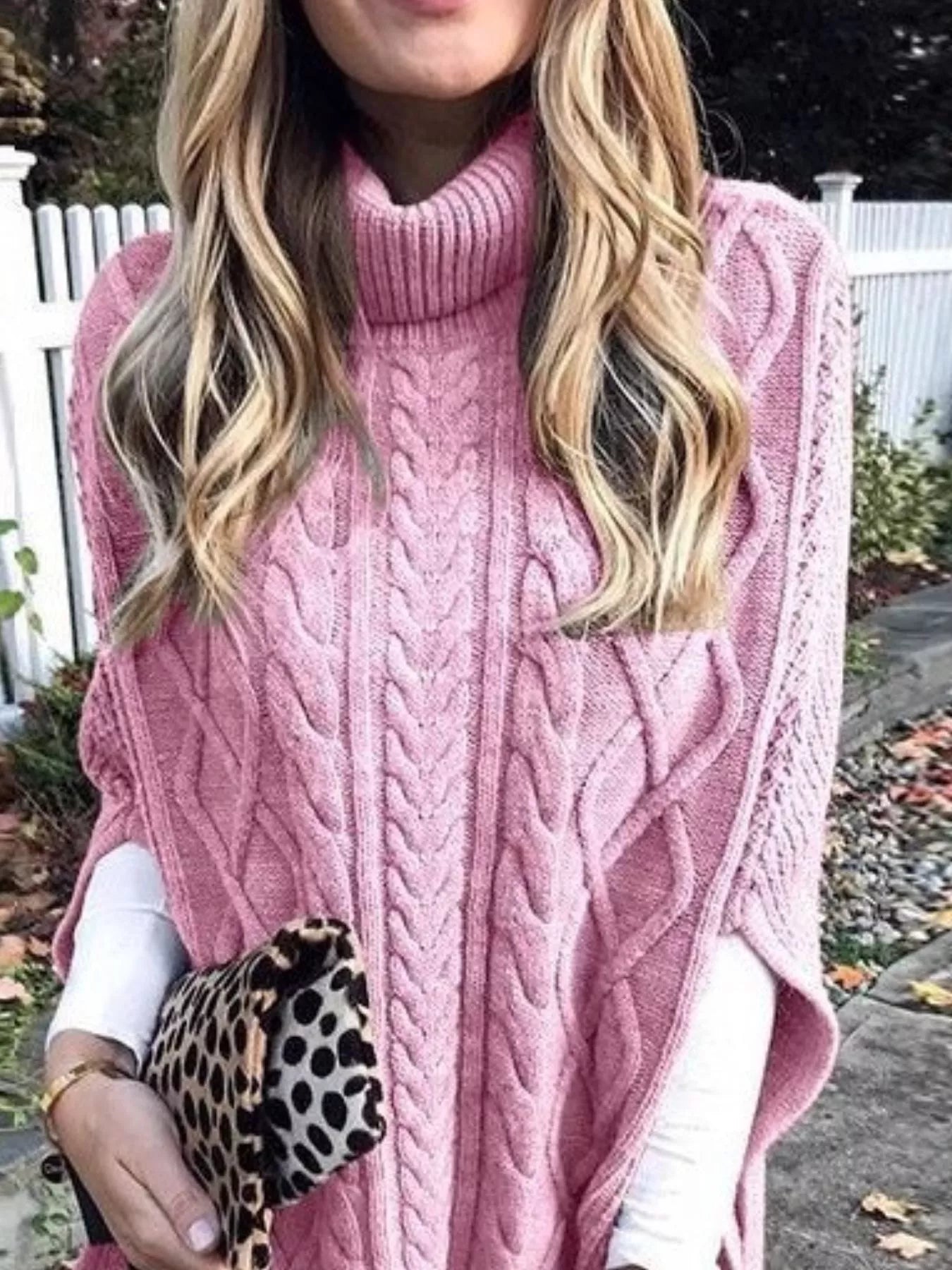 Chunky Cable Knit Turtleneck Poncho Cover Up - PBNJ FASHIONS