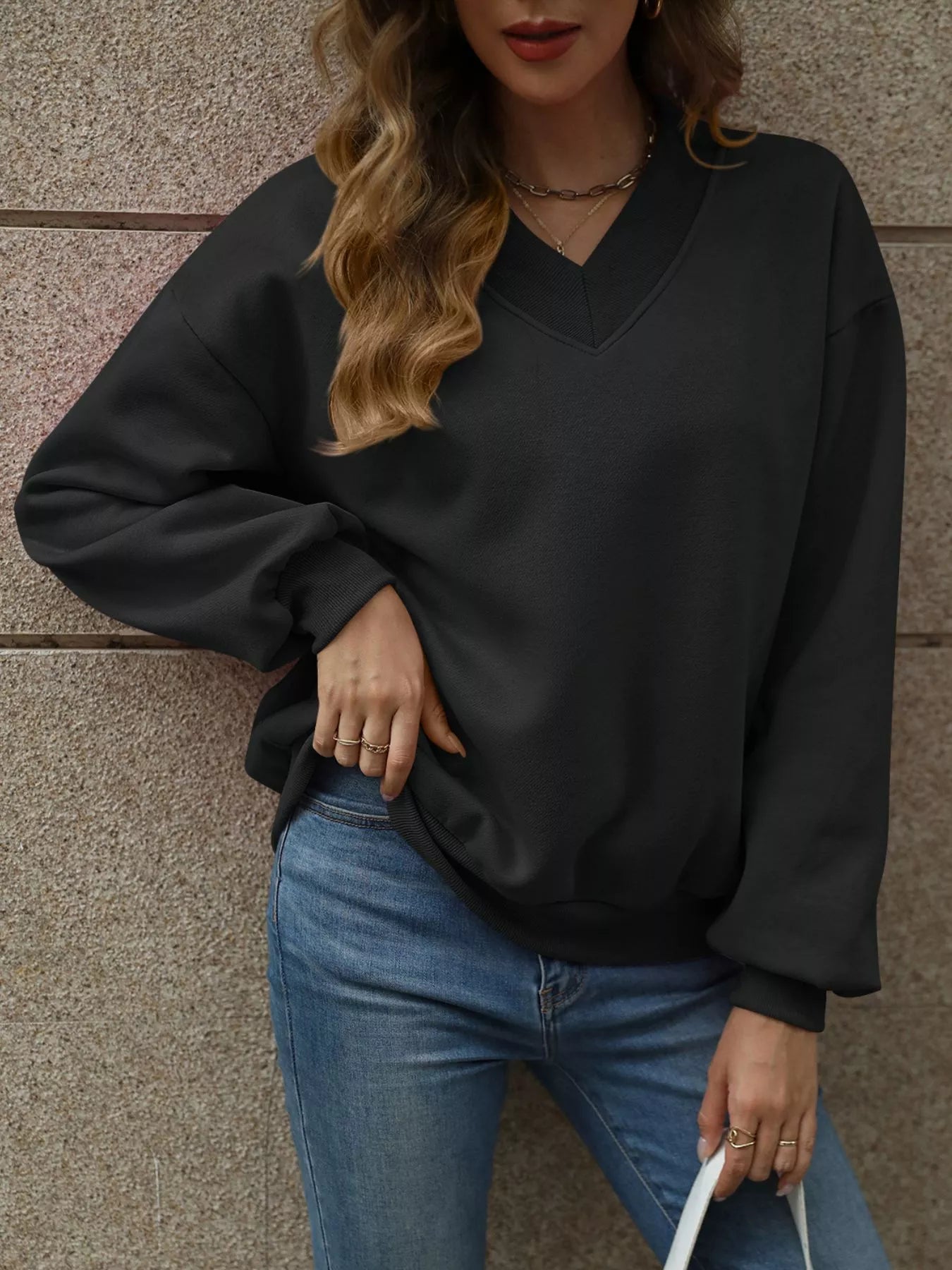 V - Neck Solid Color Casual Sweatshirt - PBNJ FASHIONS