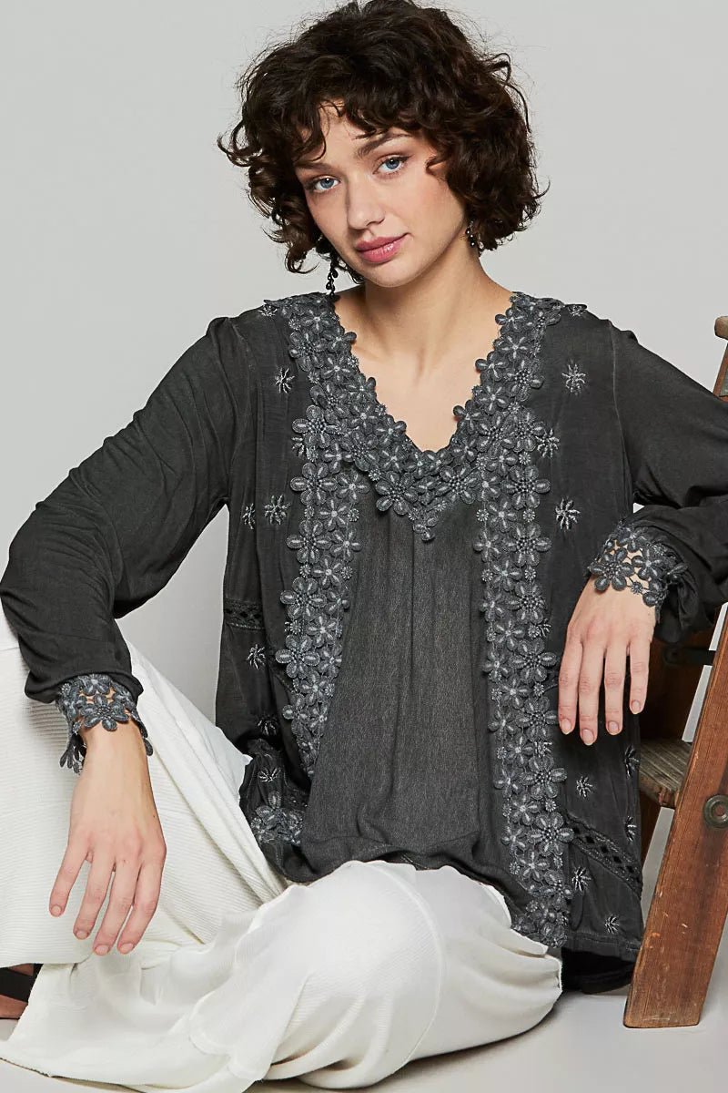 POL Floral Embroidery Woven Top with Lace Trim - PBNJ FASHIONS