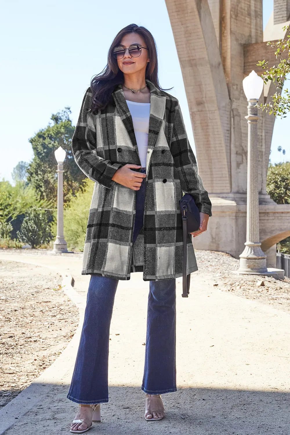 Double Take Full Size Plaid Button Up Lapel Collar Coat - PBNJ FASHIONS