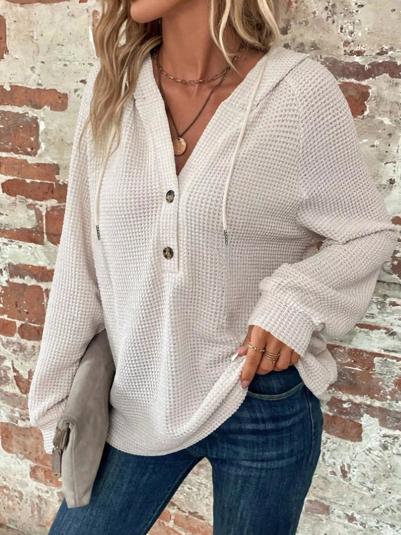 Waffle Knit Button Detail Hoodie - PBNJ FASHIONS