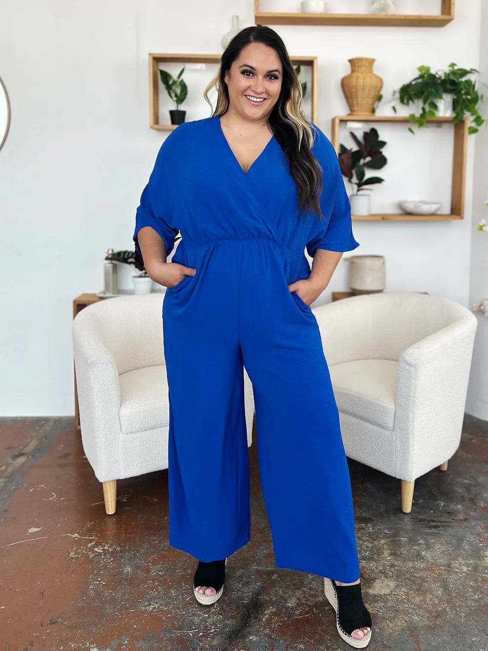 Double Take Full Size Surplice Wide Leg Jumpsuit with Pockets - PBNJ FASHIONS