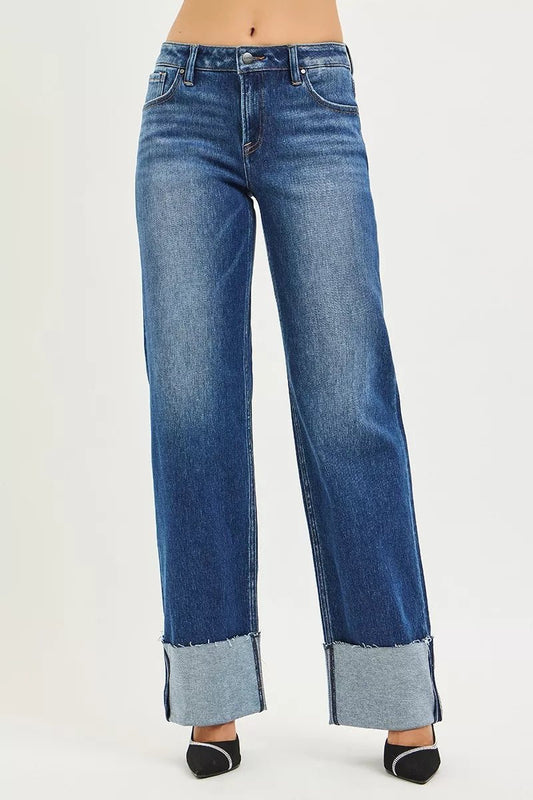 RISEN Mid Rise Wide Straight Jeans With Wide Cuff - PBNJ FASHIONS