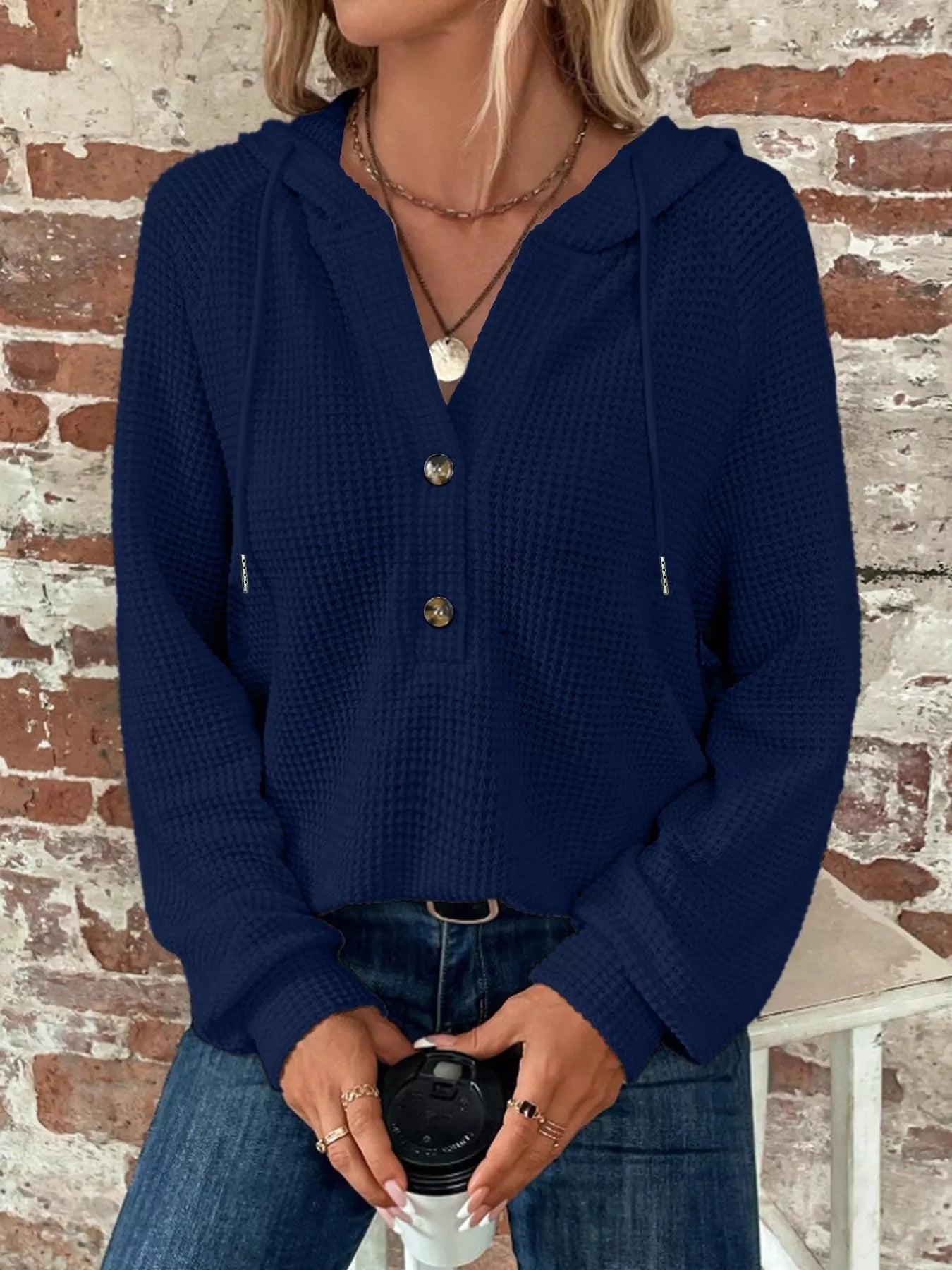 Waffle Knit Button Detail Hoodie - PBNJ FASHIONS