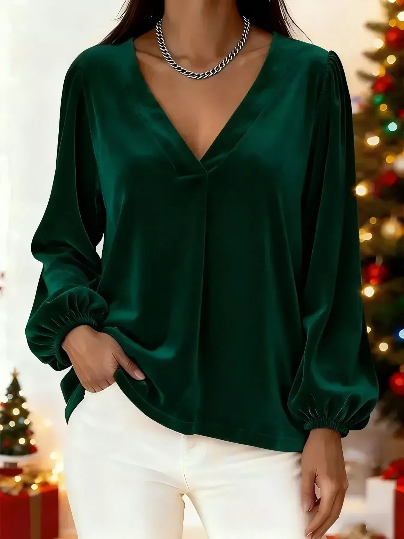 Full Size Velvet V - Neck Long Sleeve Blouse Plus Size - PBNJ FASHIONS