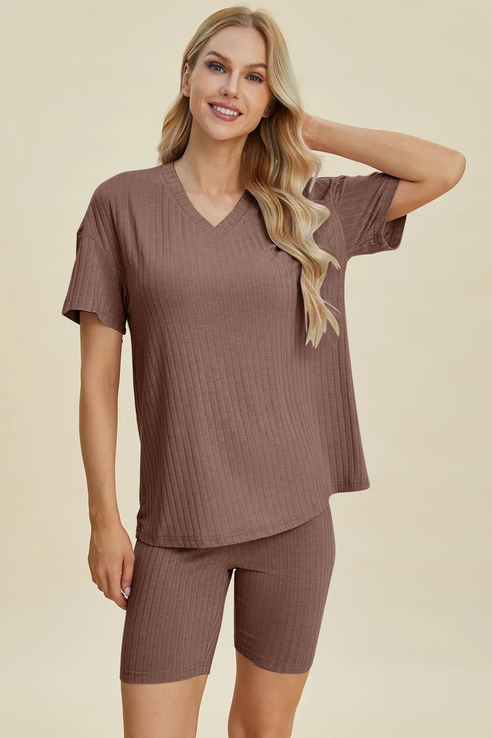 Basic Bae Full Size Ribbed V - Neck Short Sleeve Top and Shorts Set - PBNJ FASHIONS