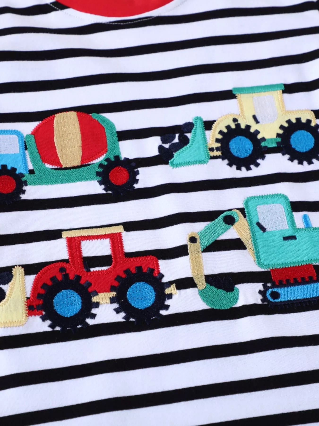 Children's Striped Long Sleeve T-Shirt with Construction Vehicle Appliques - PBNJ FASHIONS