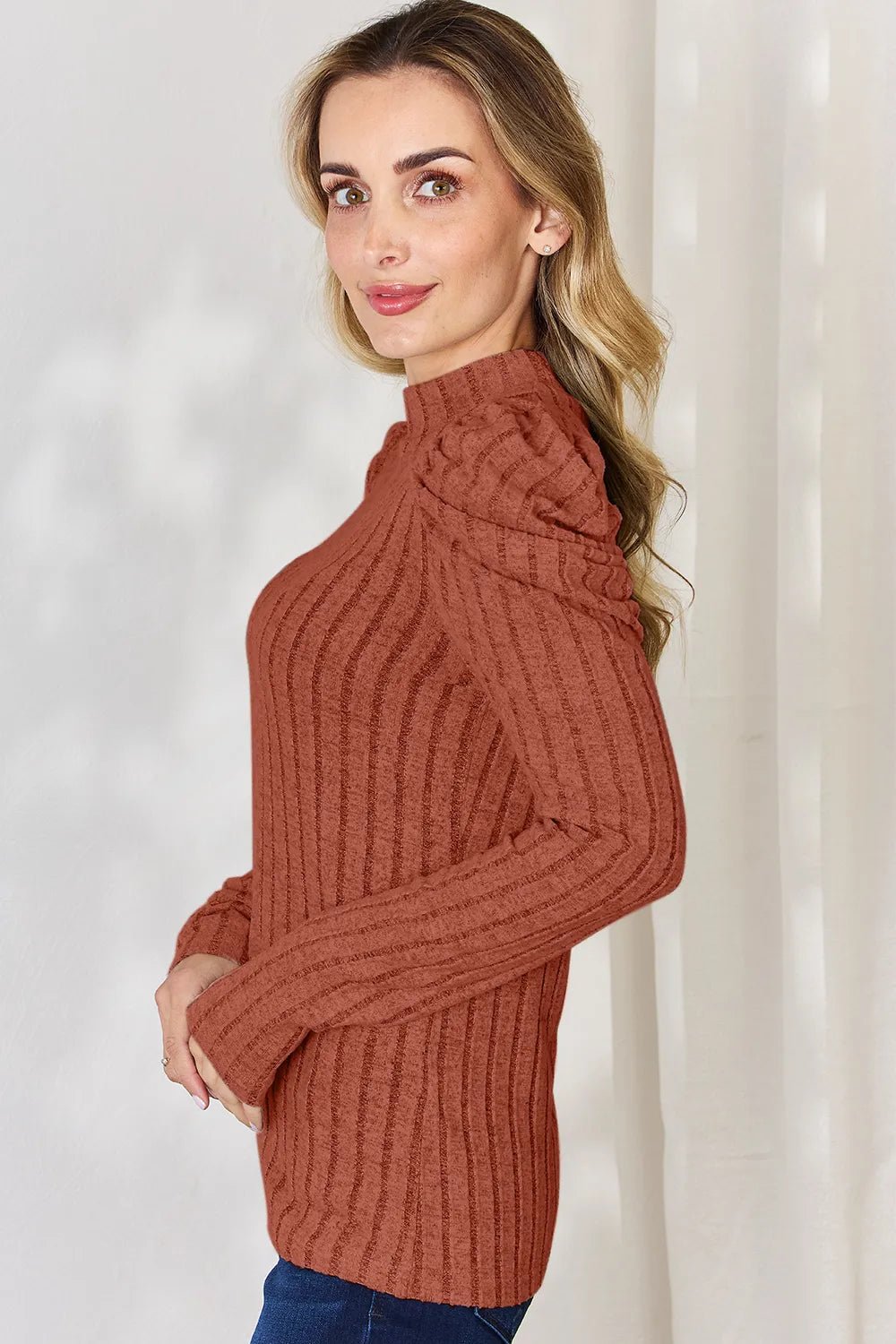 Basic Bae Full Size Ribbed Mock Neck Puff Sleeve T-Shirt - PBNJ FASHIONS