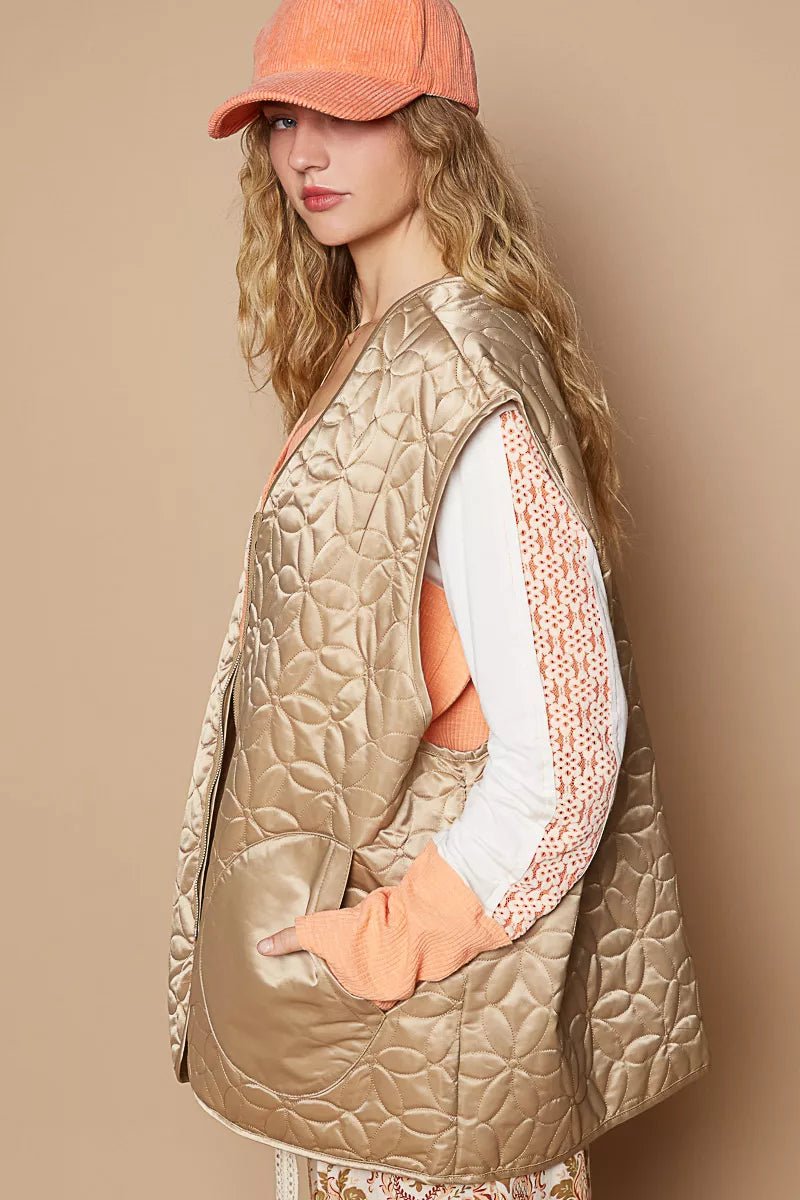POL Front Zipper Floral Pattern Quilted Vest Coat with Front Pockets - PBNJ FASHIONS
