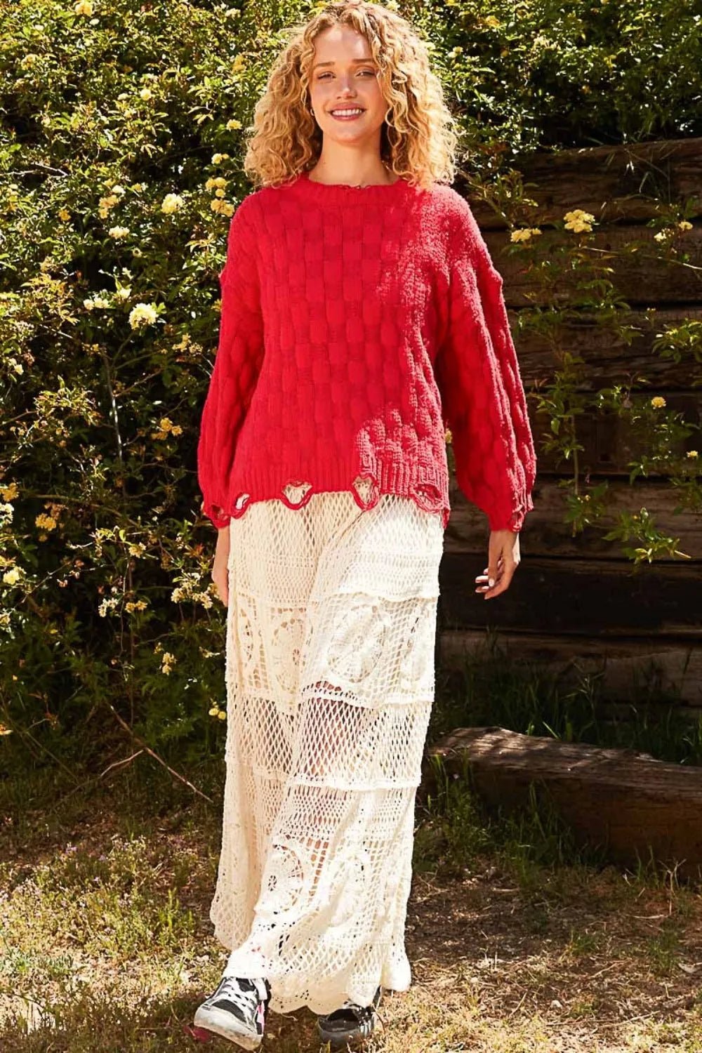 POL Checkered Distressed Edge Sweater - PBNJ FASHIONS