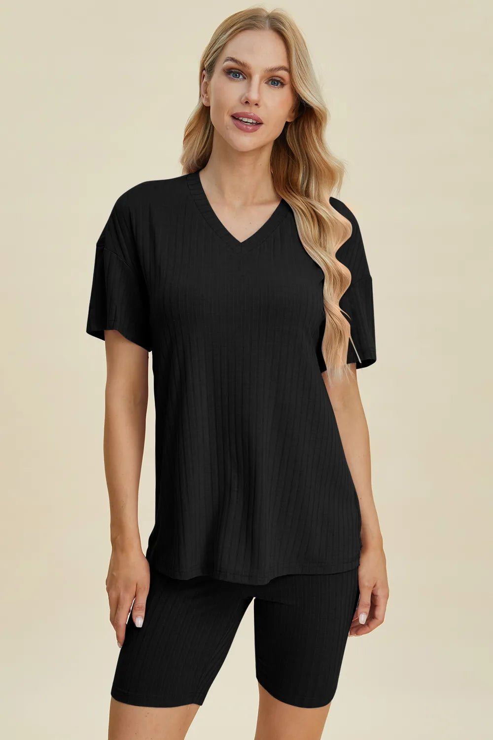 Basic Bae Full Size Ribbed V - Neck Short Sleeve Top and Shorts Set - PBNJ FASHIONS