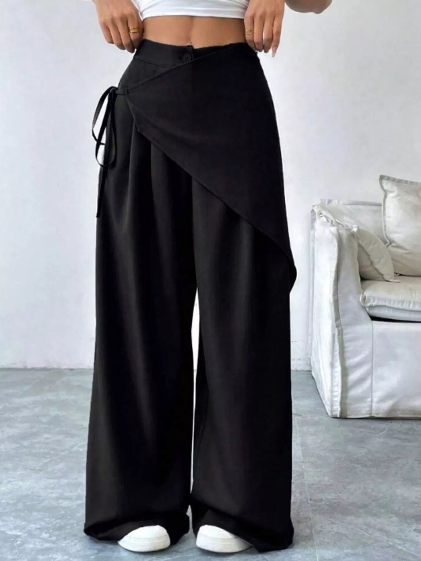 Chic Wrap Front Wide-Leg Wrap Pants - Black-S- - PBNJ FASHIONS