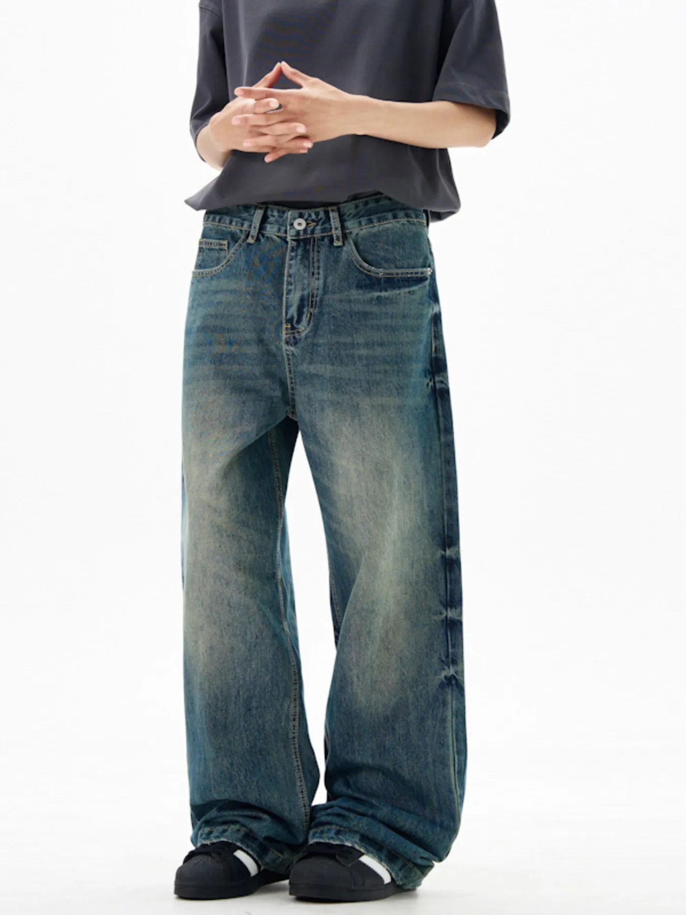 Men's Wide Leg Pocketed Jeans with Washed Stretch - 100% Cotton - Machine Washable - PBNJ FASHIONS