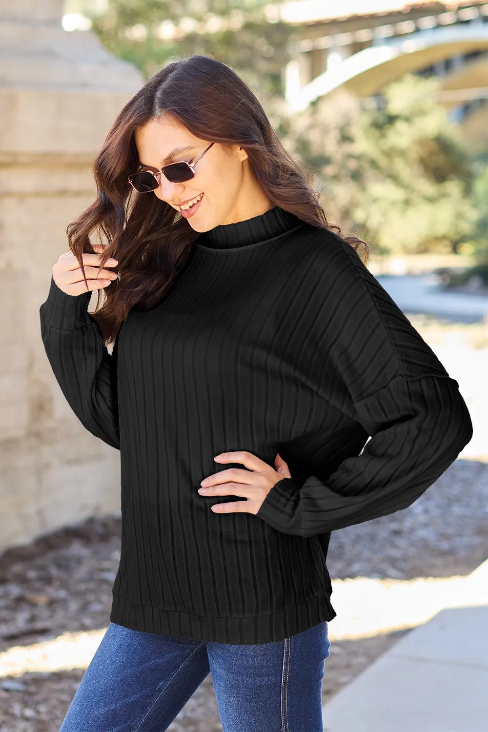 Basic Bae Full Size Ribbed Exposed Seam Mock Neck Knit Top - PBNJ FASHIONS