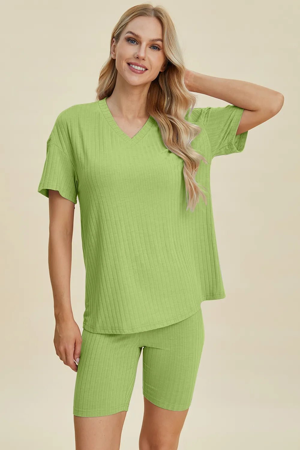 Basic Bae Full Size Ribbed V - Neck Short Sleeve Top and Shorts Set - PBNJ FASHIONS