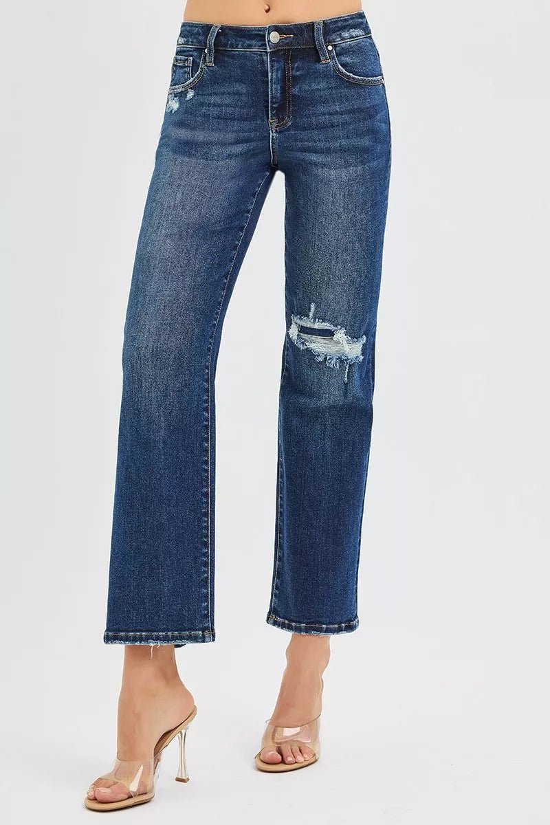RISEN High Rise Crop Slim Straight Jenas with Hidden Knee Patch - PBNJ FASHIONS