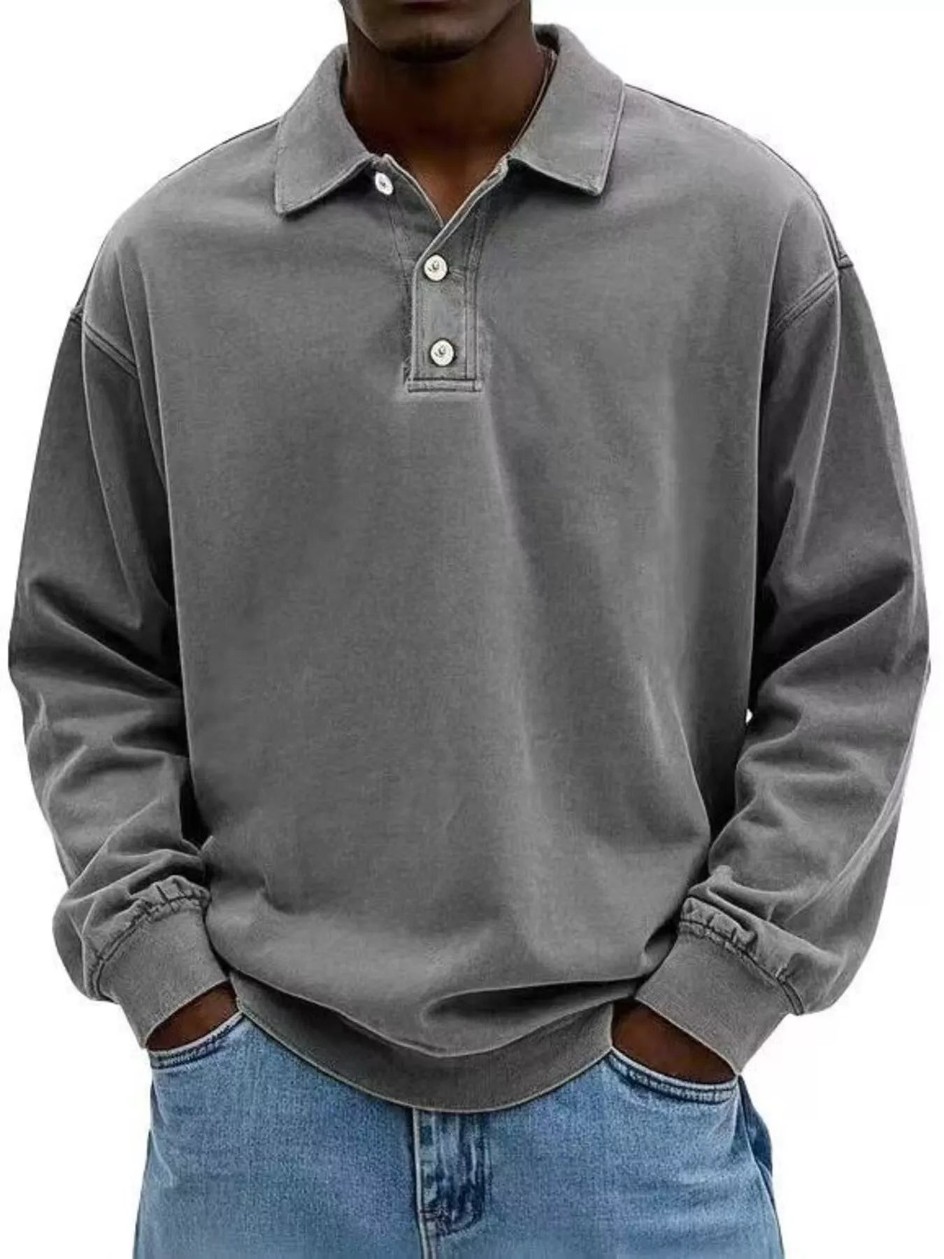 Men's Full Size Washed Long Sleeve Polo Plus Size - PBNJ FASHIONS