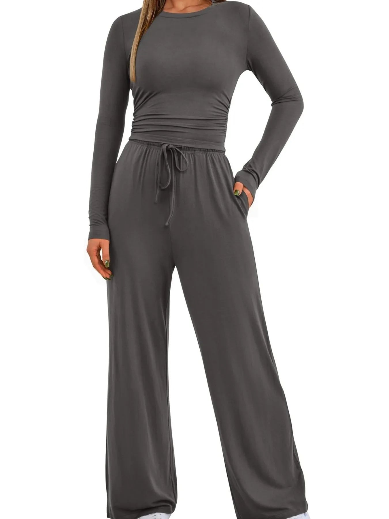 Round Neck Long Sleeve Top and Pants Set - PBNJ FASHIONS