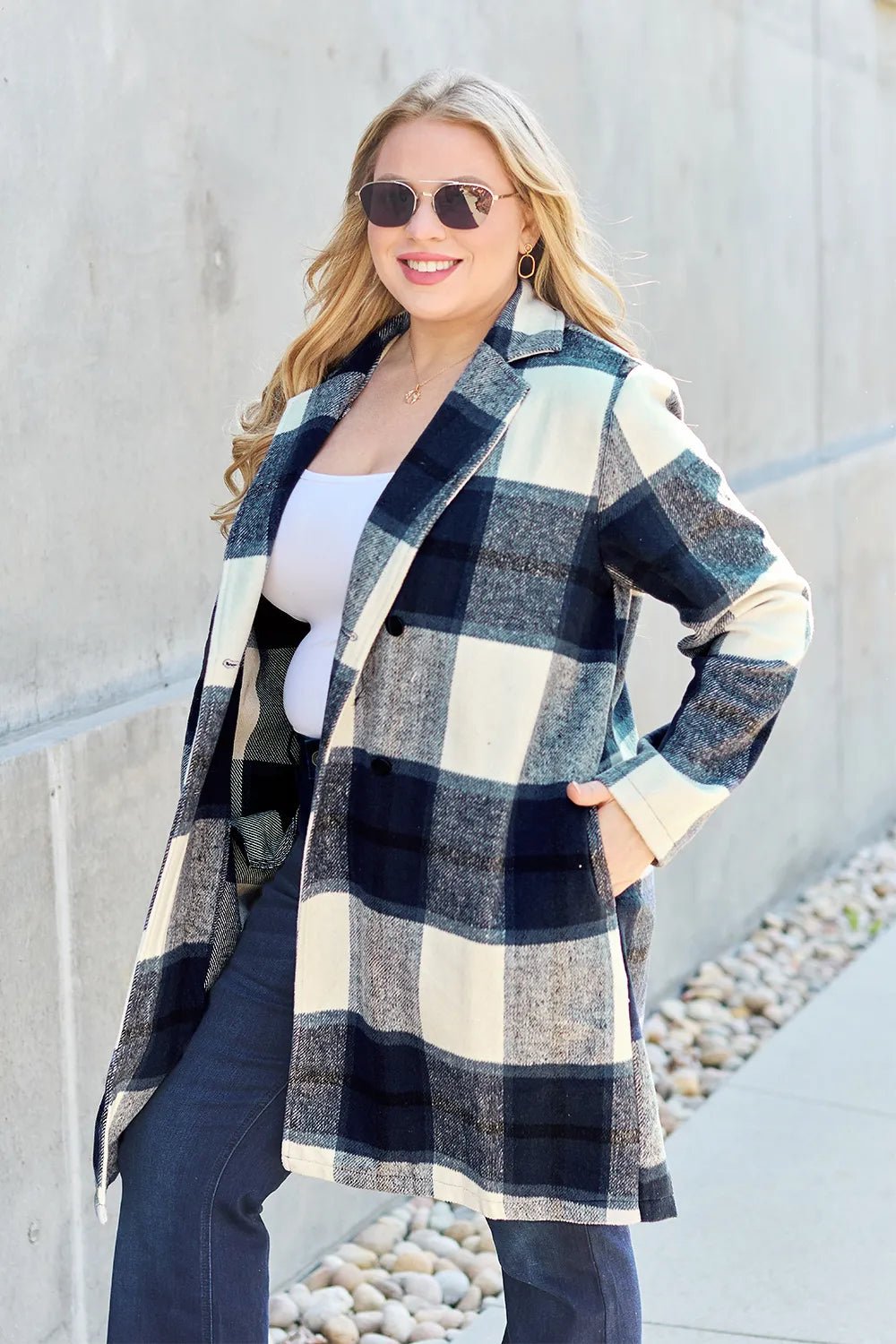 Double Take Full Size Plaid Button Up Lapel Collar Coat - PBNJ FASHIONS