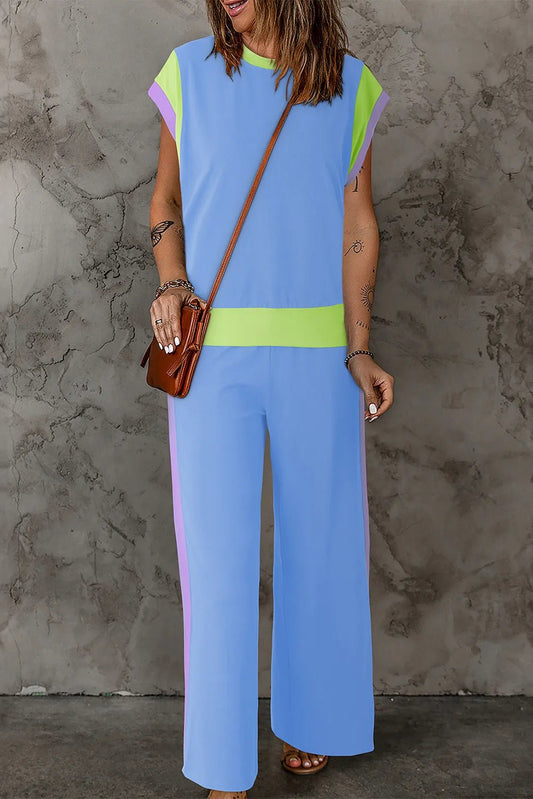 Contrast Round Neck Top and Pants Set - PBNJ FASHIONS