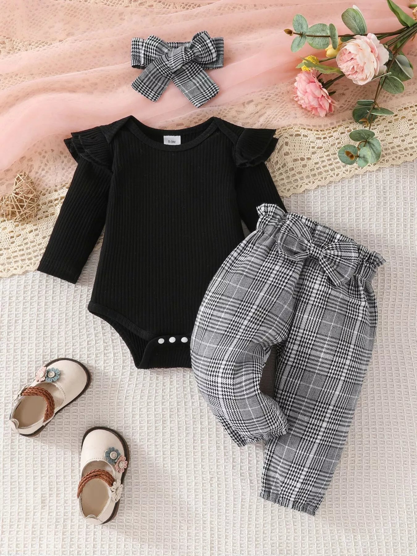Children's Bodysuit & Plaid Pants & Headband Set - PBNJ FASHIONS