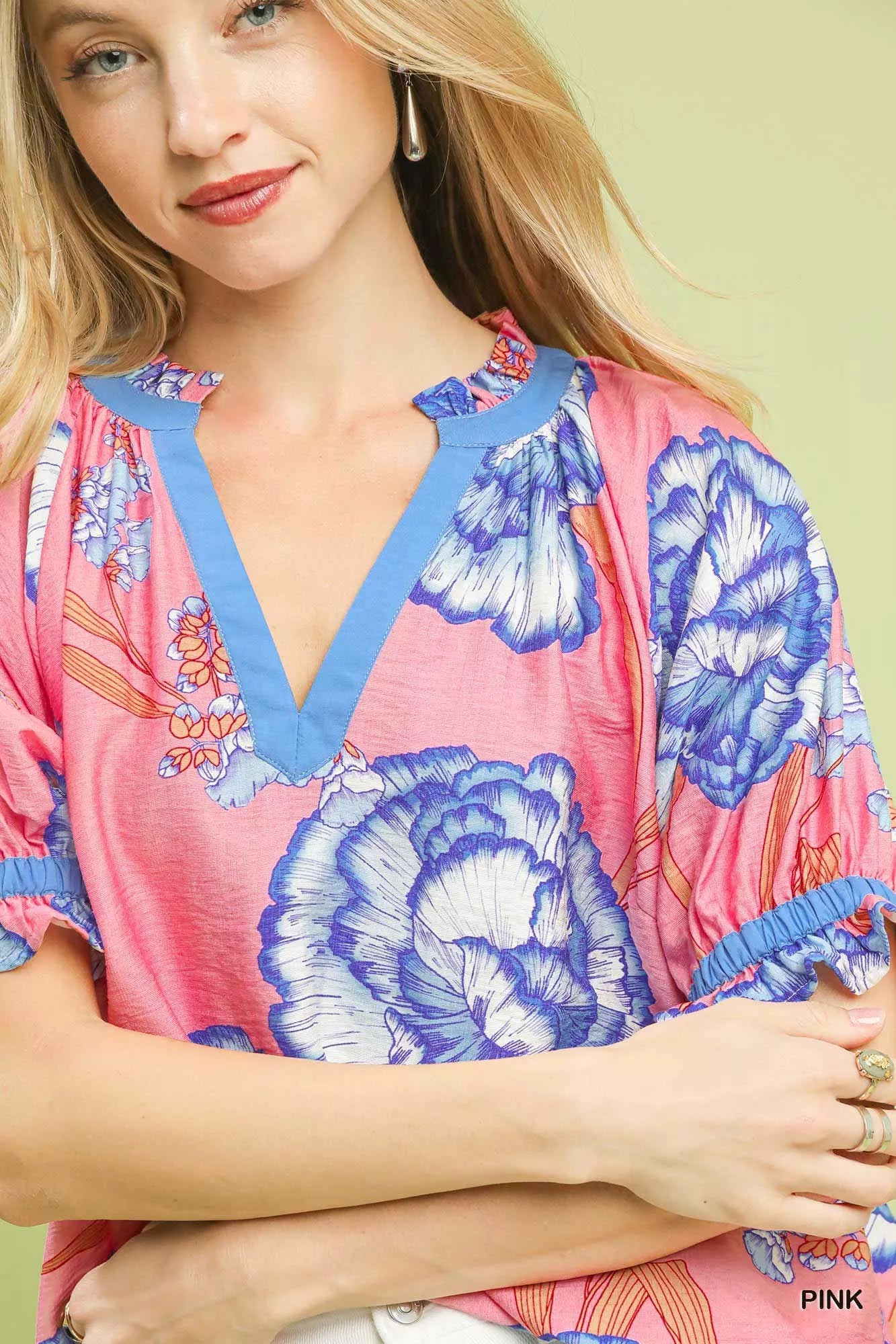 Umgee Floral V - Neck Puff Sleeve Blouse - PBNJ FASHIONS