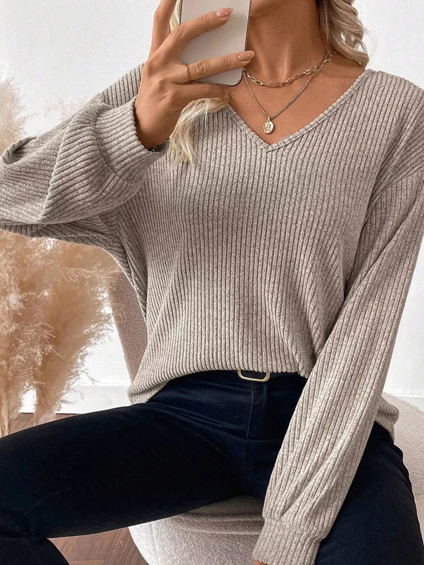Ribbed V Neck Contrast Ribbon Bow Back Drop Shoulder Long Sleeve Top - PBNJ FASHIONS