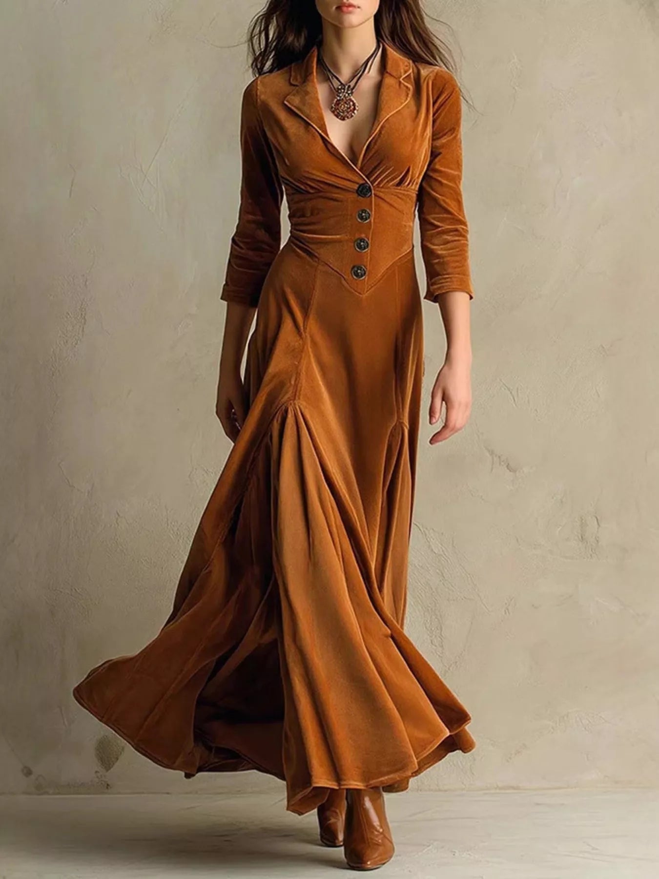 Velvet Button Front 3/4 Sleeve Maxi Dress - PBNJ FASHIONS