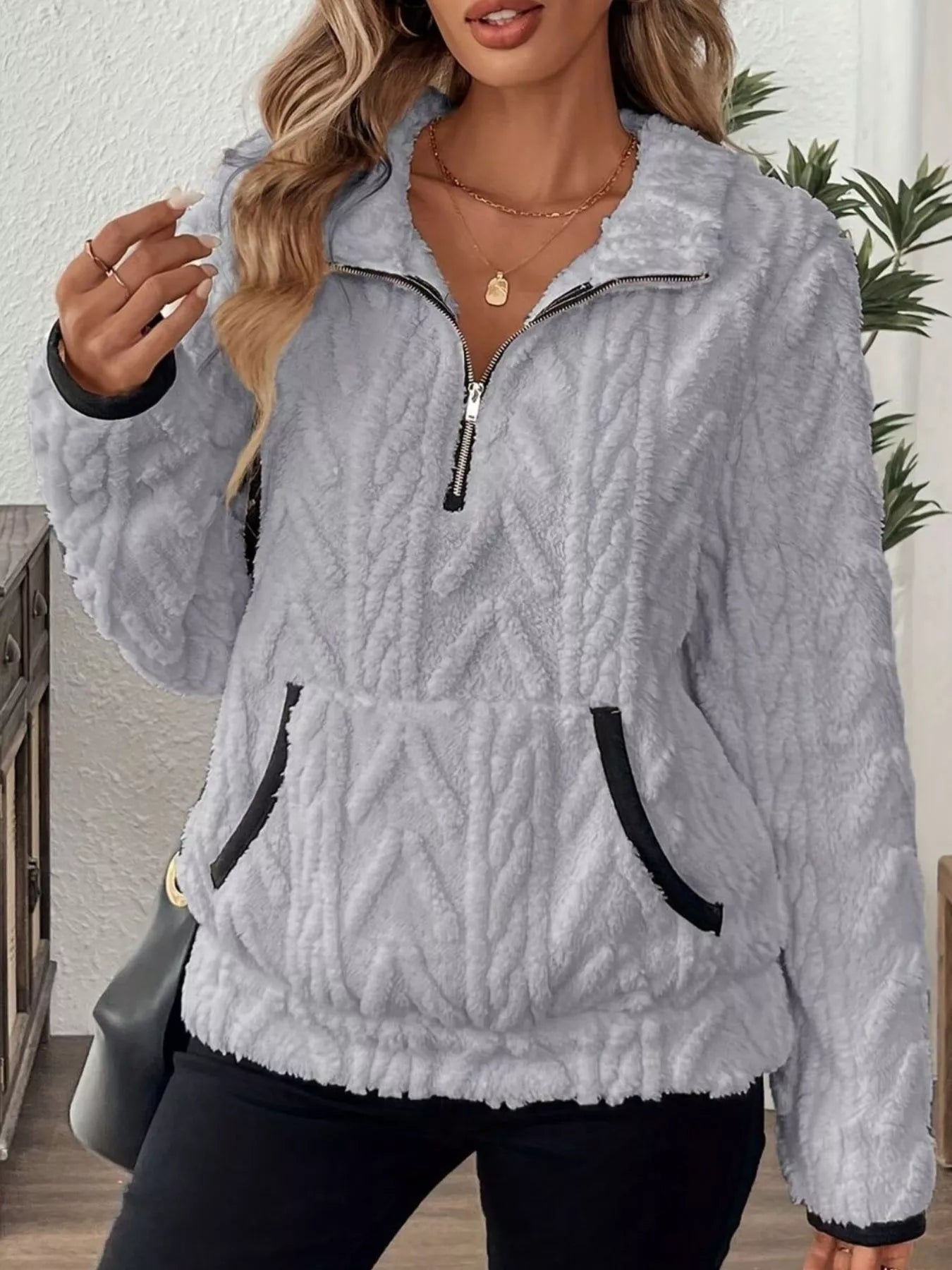 Full Size Half Zip Kangaroo Pocket Sweatshirt Plus Size - PBNJ FASHIONS