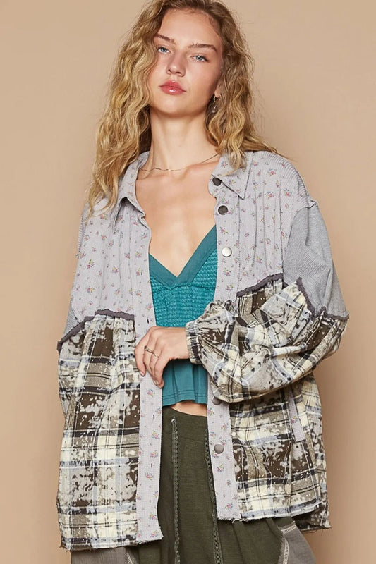 POL Balloon Sleeve Floral Color Block Plaid Shirt - PBNJ FASHIONS
