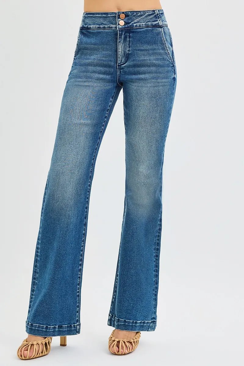 RISEN Full Size Tummy Control High Rise Bootcut Jeans with Double Button Waistband Plus Size - PBNJ FASHIONS