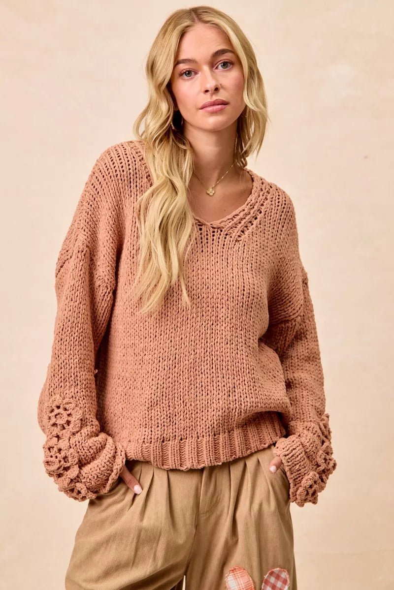 BiBi Chunky Knit Sweater with Flower Detail Sleeves - PBNJ FASHIONS