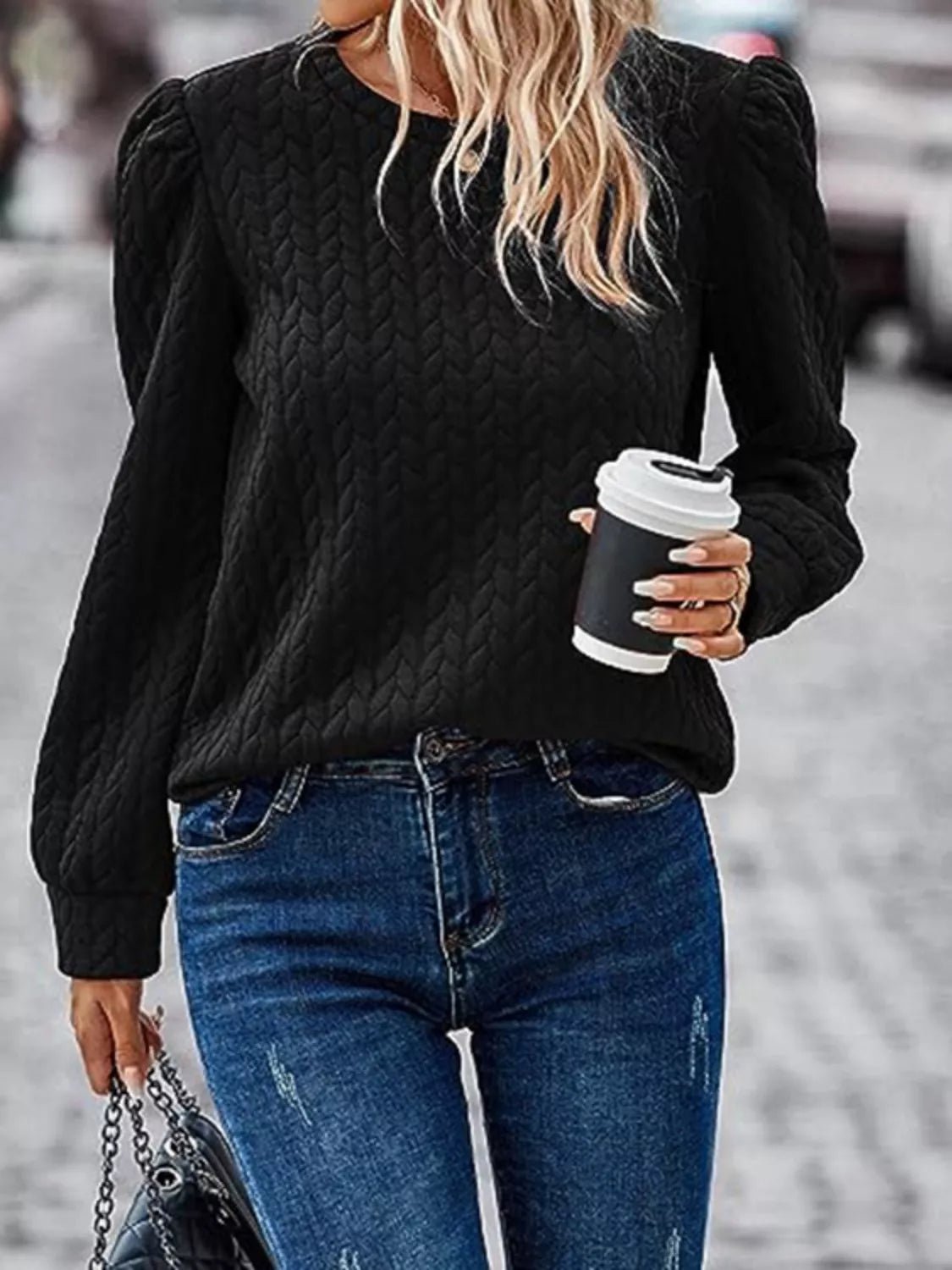 Textured Round Neck Long Sleeve Blouse - PBNJ FASHIONS