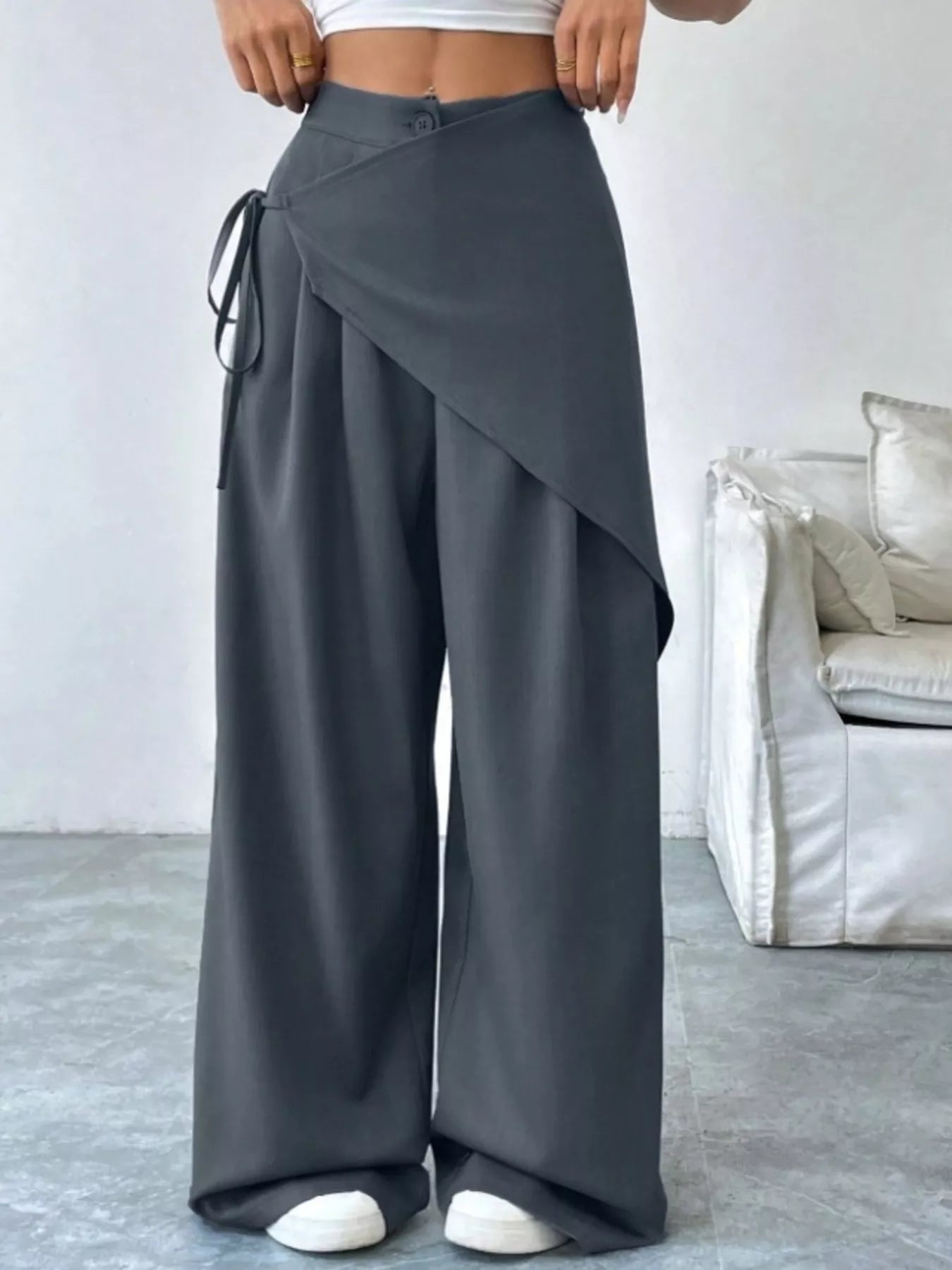 Chic Wrap Front Wide-Leg Wrap Pants - Dark Gray-S- - PBNJ FASHIONS