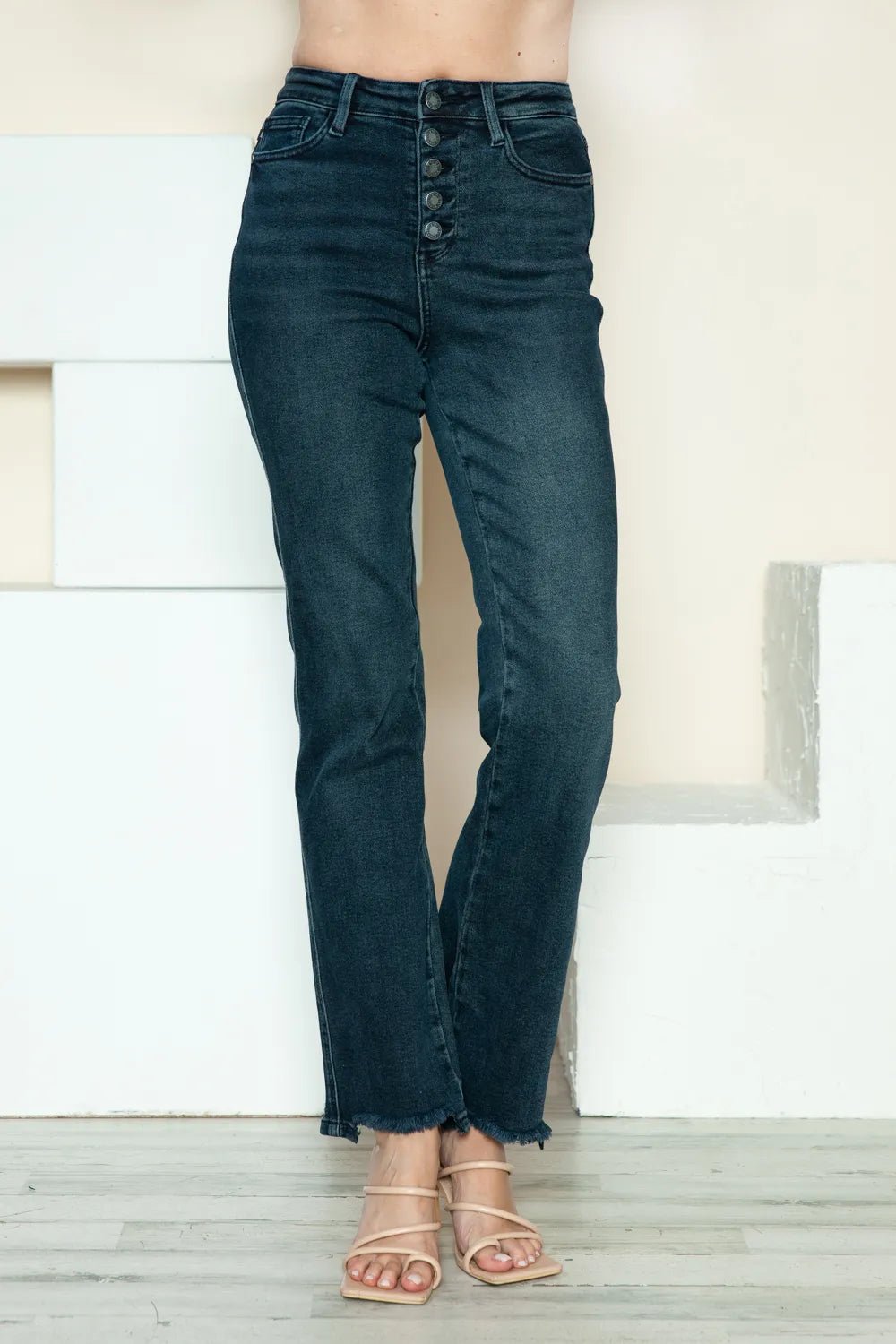 Judy Blue Full Size Button Fly Hem Destroy Straight Jeans - PBNJ FASHIONS
