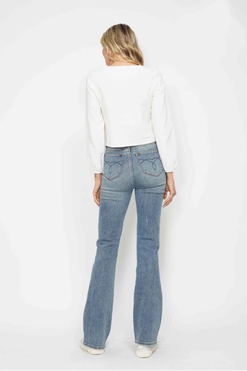 Judy Blue Full Size Tummy Control Back Embroidered Pocketed Bootcut Jeans Plus Size - PBNJ FASHIONS