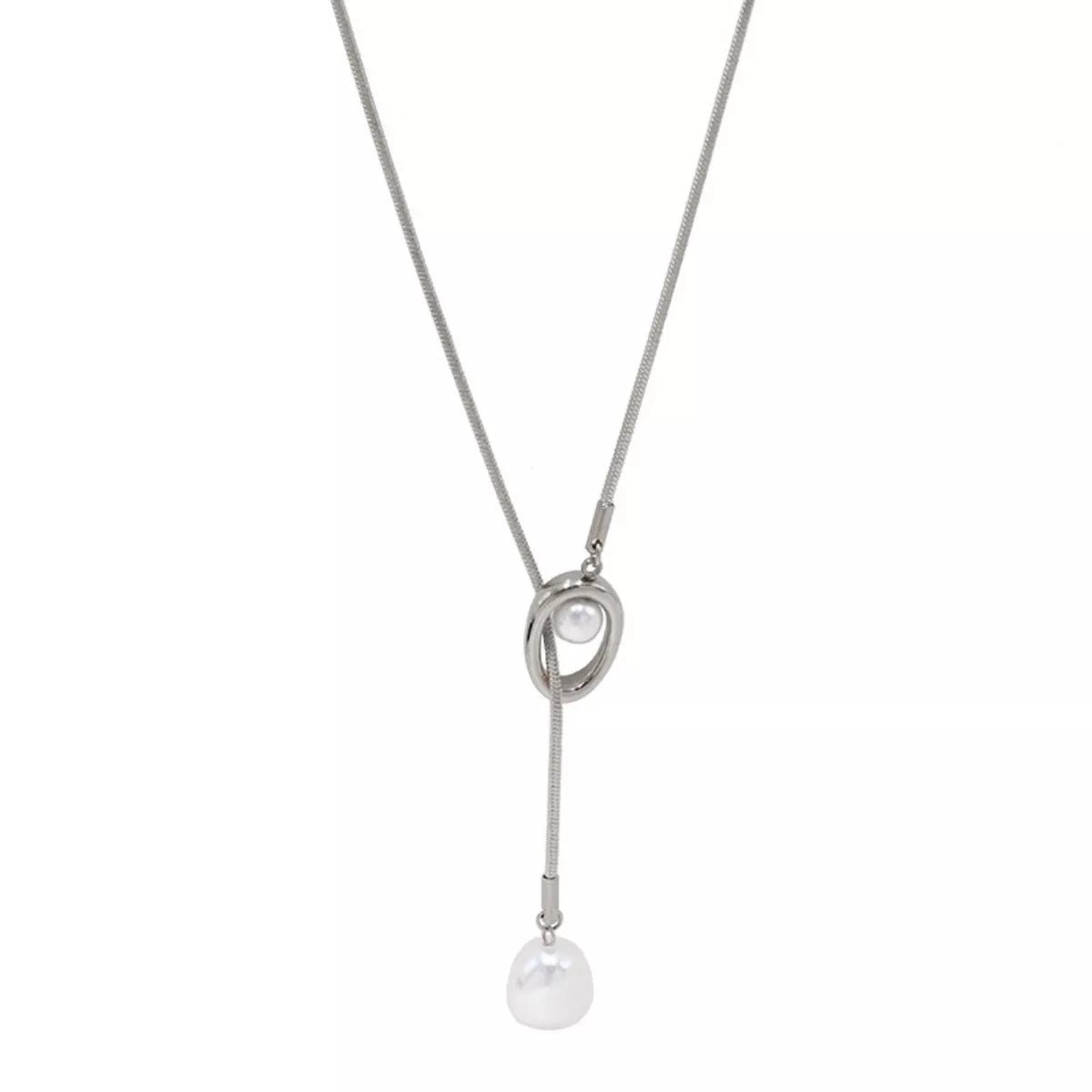 Gold-Plated Pearl Necklace, Stainless Steel Chain, Silver-Plated, 24.4" Length - PBNJ FASHIONS