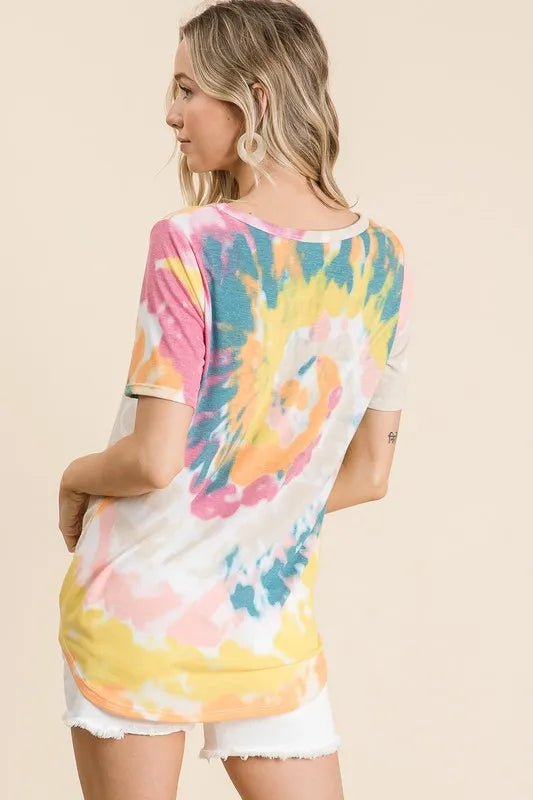 BiBi Circular Tie Dye Print V Neck Top - PBNJ FASHIONS